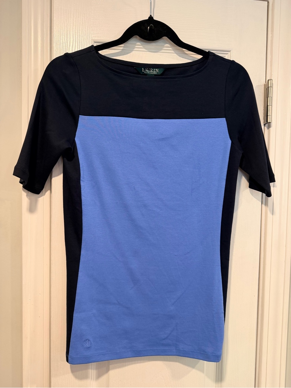 NWOT LRL Lauren Ralph Lauren Size S Blue Colorblock Boat Neck Cuffed Sleeve Top